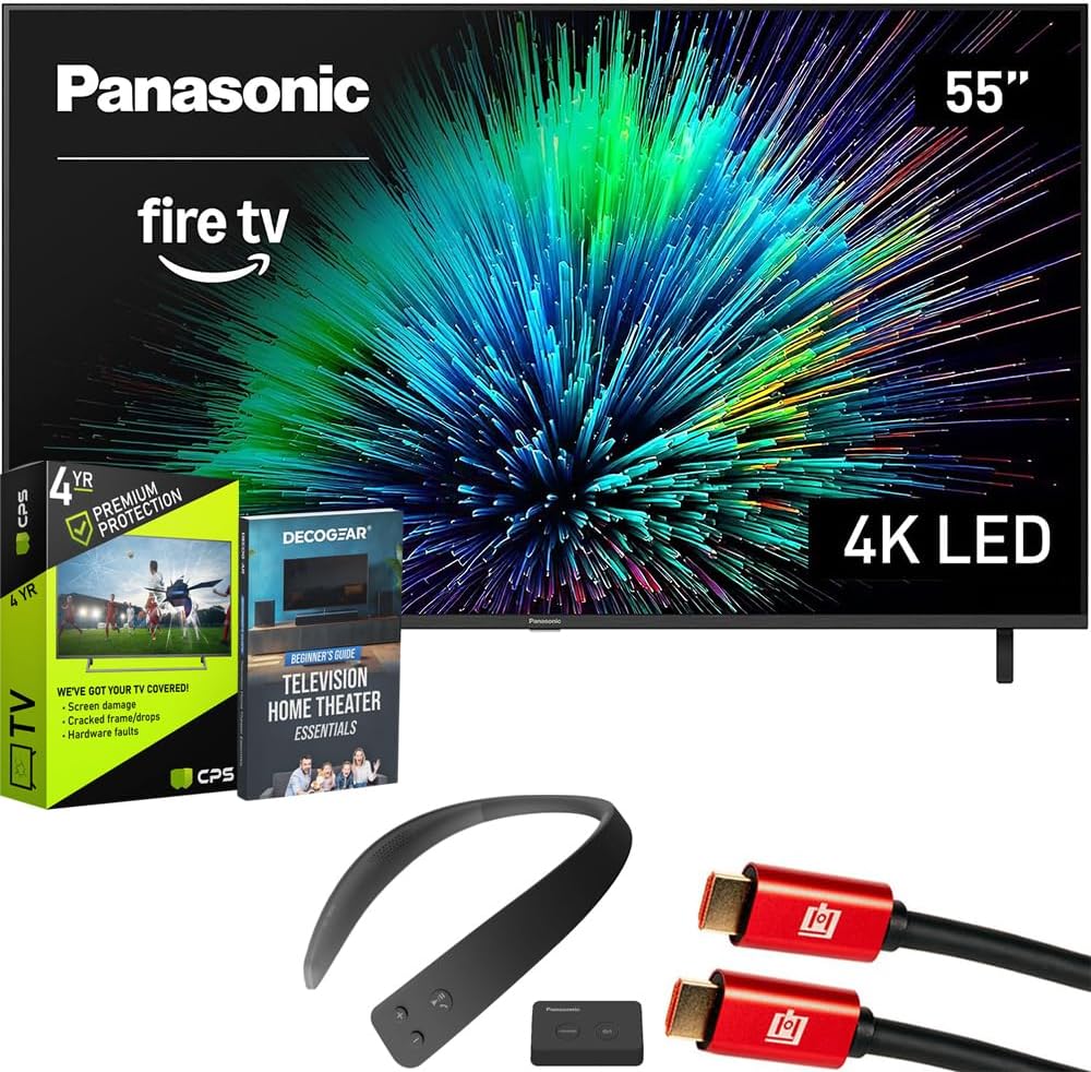 Panasonic TV-55W70BP W70 Series 55 inch LED 4K Ultra HD Smart Fire TV Bundle with WN10 Neck Speaker, 4 YR CPS Enhanced Protection, 2X HDMI Cable & Deco Gear Complete Home Theater Beginner's Guidebook