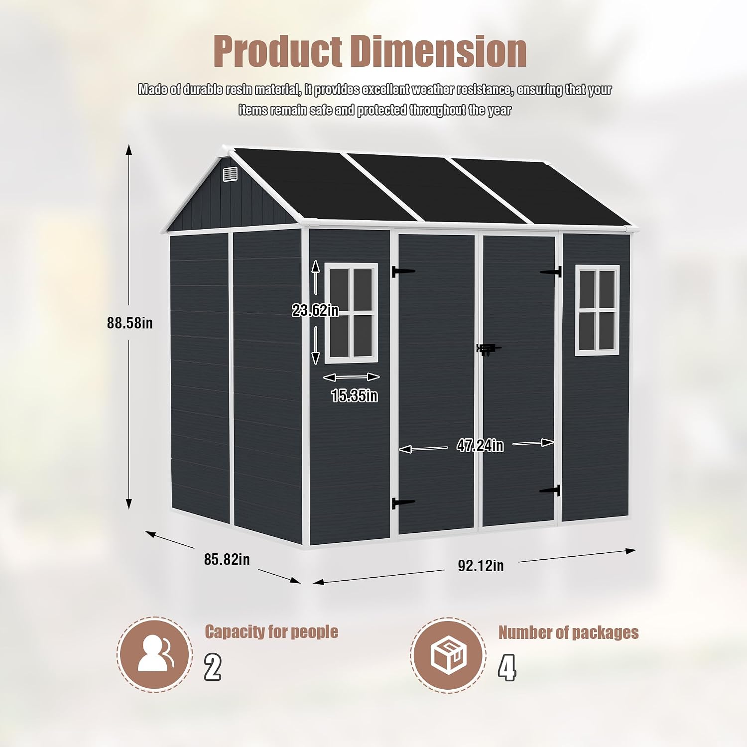 8x7ft Outdoor Storage Shed with Lockable Double Doors, Heavy Duty Resin Garden Shed for Backyard, 2 Windows & Floor Included, Hurricane-Proof, Waterproof UV-Resistant for Lawn Mower/Patio Furniture