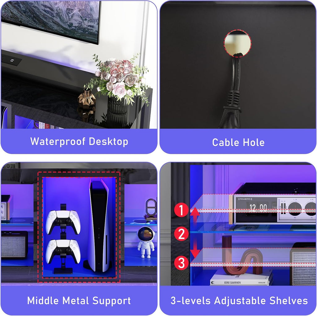 chartustriable LED TV Stands W/Power Outlet for 60 65 Inch TV,55' Modern Entertainment Center W/7000-Colors Light for P S 5,High Gloss TV Console w/Adjustable Shelves for Living Room Gameroom(Black)