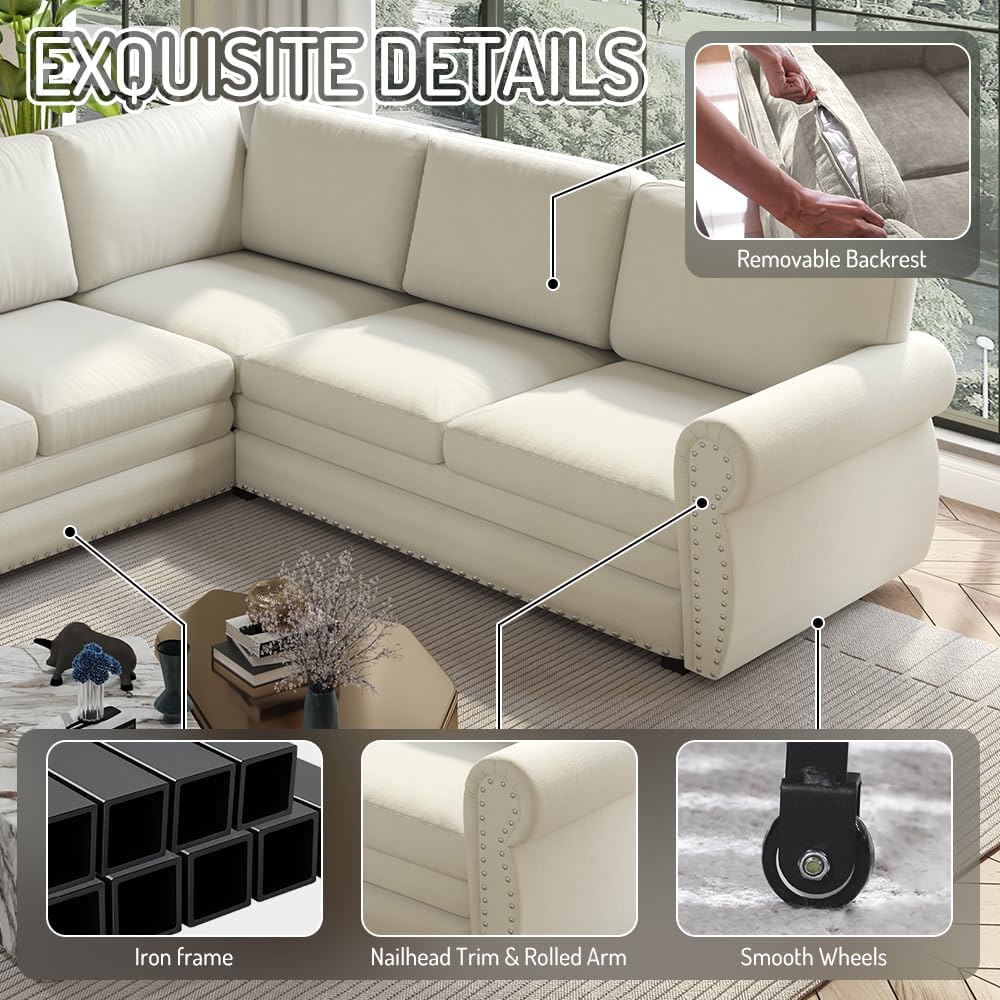 118'' Pull Out Couch, Convertible Sleeper Sofa Bed, Upholstered Sectional Sofa, Chenille L-Shaped Couch with Nailhead Trim, 6-Seater Modern Sectional Couches for Living Room, Apartment, Beige