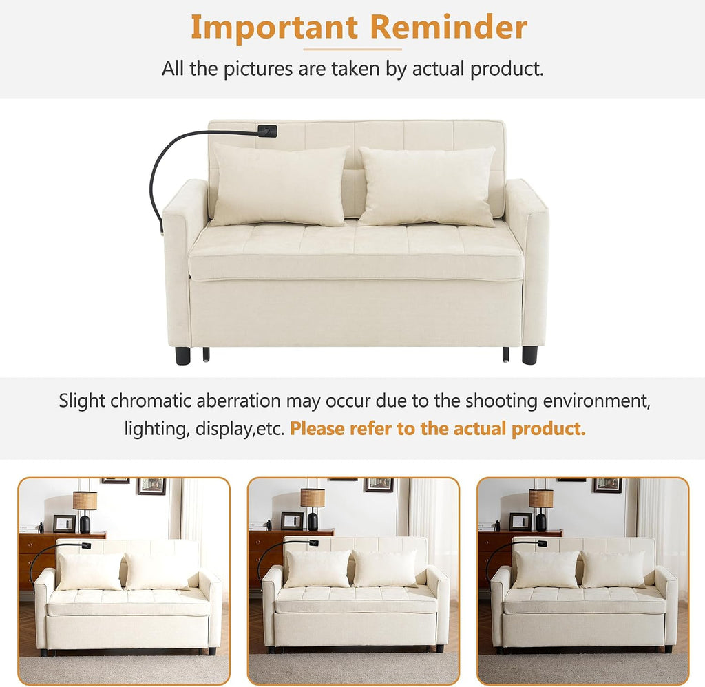 3 in 1 Convertible Sleeper Sofa Bed, 56.9' Small Pull Out Couch Bed with Adjustable Backrest, Chenille Loveseat Couches with Side Pocket, USB Ports&Phone Holder for Small Places (Beige)