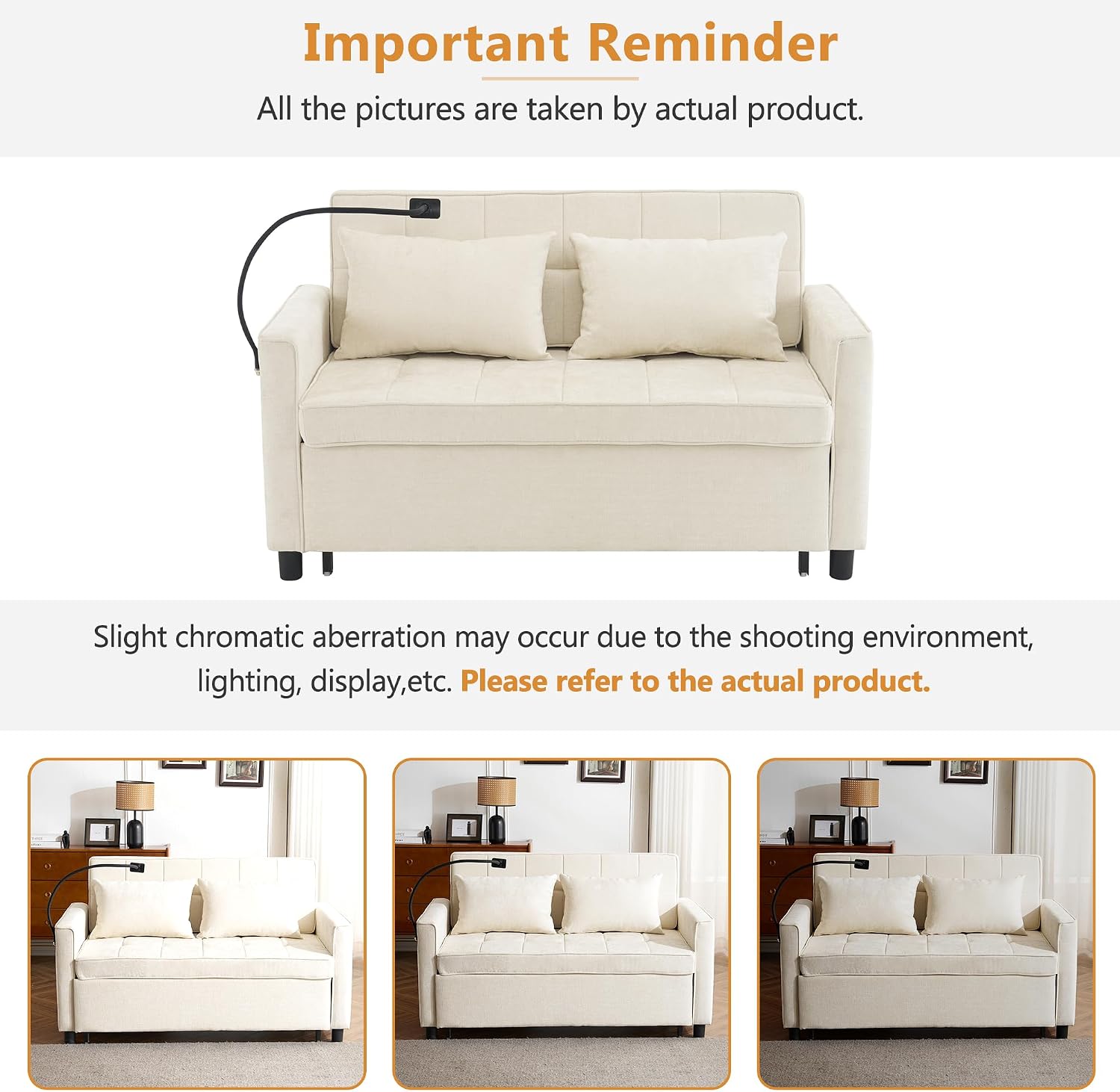 3 in 1 Convertible Sleeper Sofa Bed, 56.9' Small Pull Out Couch Bed with Adjustable Backrest, Chenille Loveseat Couches with Side Pocket, USB Ports&Phone Holder for Small Places (Beige)