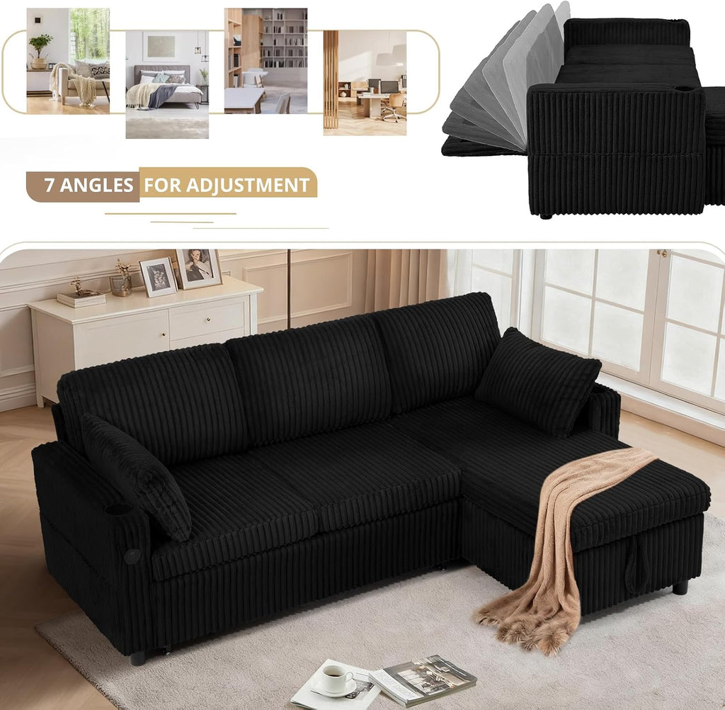 84' Corduroy Upholstered Sofa Bed w/Adjustable Backrests, Convertible Pull Out Sofa Bed w/USB Ports, L-Shape Sectional Sleeper Couch w/Cup Holder for Living Room,Apartment, Black