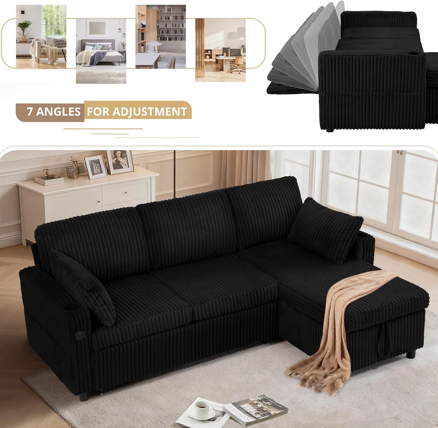 84' Corduroy Upholstered Sofa Bed w/Adjustable Backrests, Convertible Pull Out Sofa Bed w/USB Ports, L-Shape Sectional Sleeper Couch w/Cup Holder for Living Room,Apartment, Black