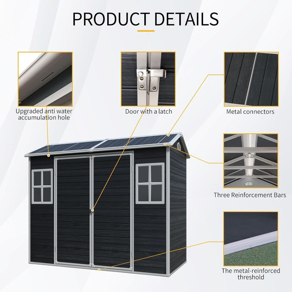 KUIKUI Outdoor Storage Shed with Floor, 4x8ft Resin Storage Sheds with 2 Windows and Lockable Door for Garden Tools, Backyard, Bike, Black