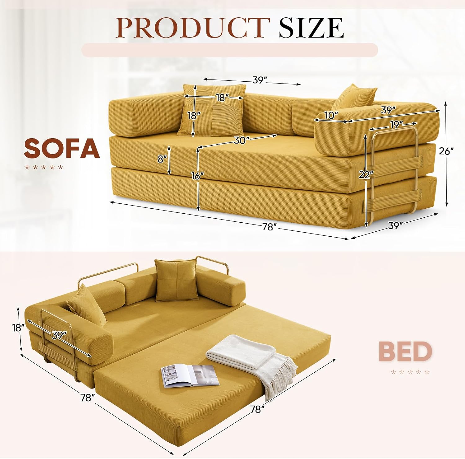 Modular Couch Bed, Convertible Folding Plush Corduroy Comfy Floor Memory Foam Compression Loveseat Sleeper Sofa Couch, King Size Bed for Guest Room Living Room Bedroom, No Assembly, Mustard Yellow
