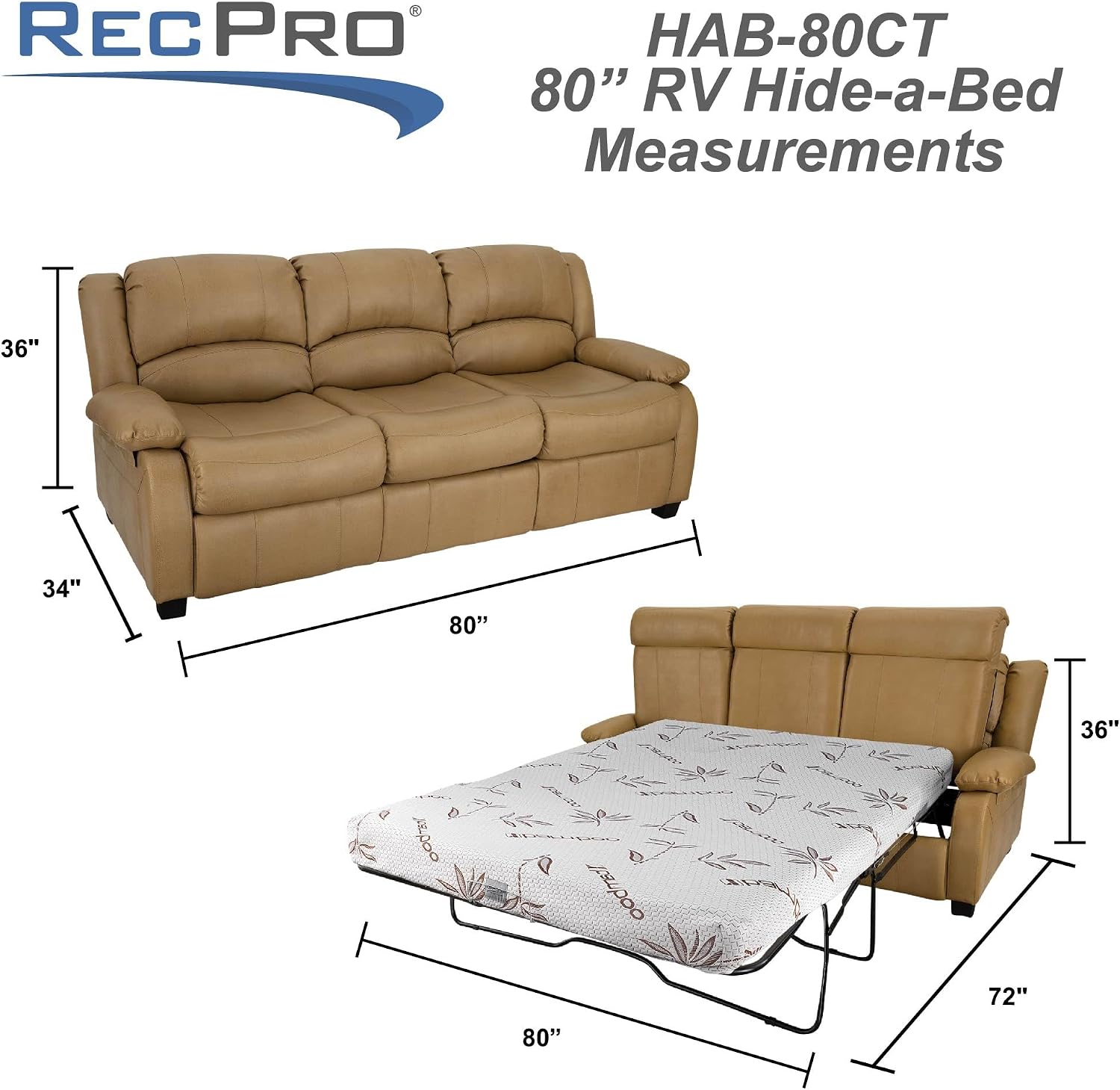RecPro Charles Collection Sofa, 80'' Hide A Bed Loveseat with Memory Foam Mattress, Toffee