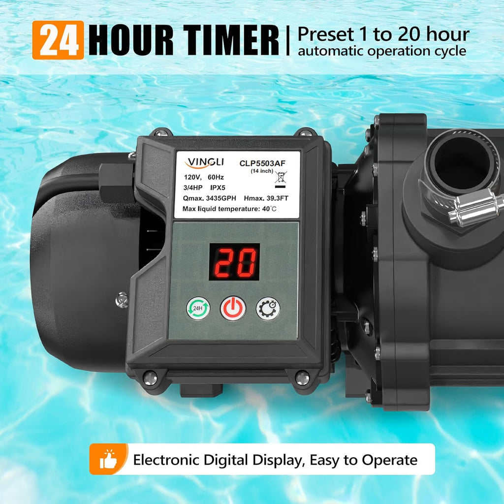 (24H Timer) VINGLI 16 in Sand Filter Pump with 24-Hour Timer, 3435 GPH 3/4 HP High Flow Pool Filter Pump with 7-Way Valve for Above Ground Swimming Pools Up to 15000 Gallons