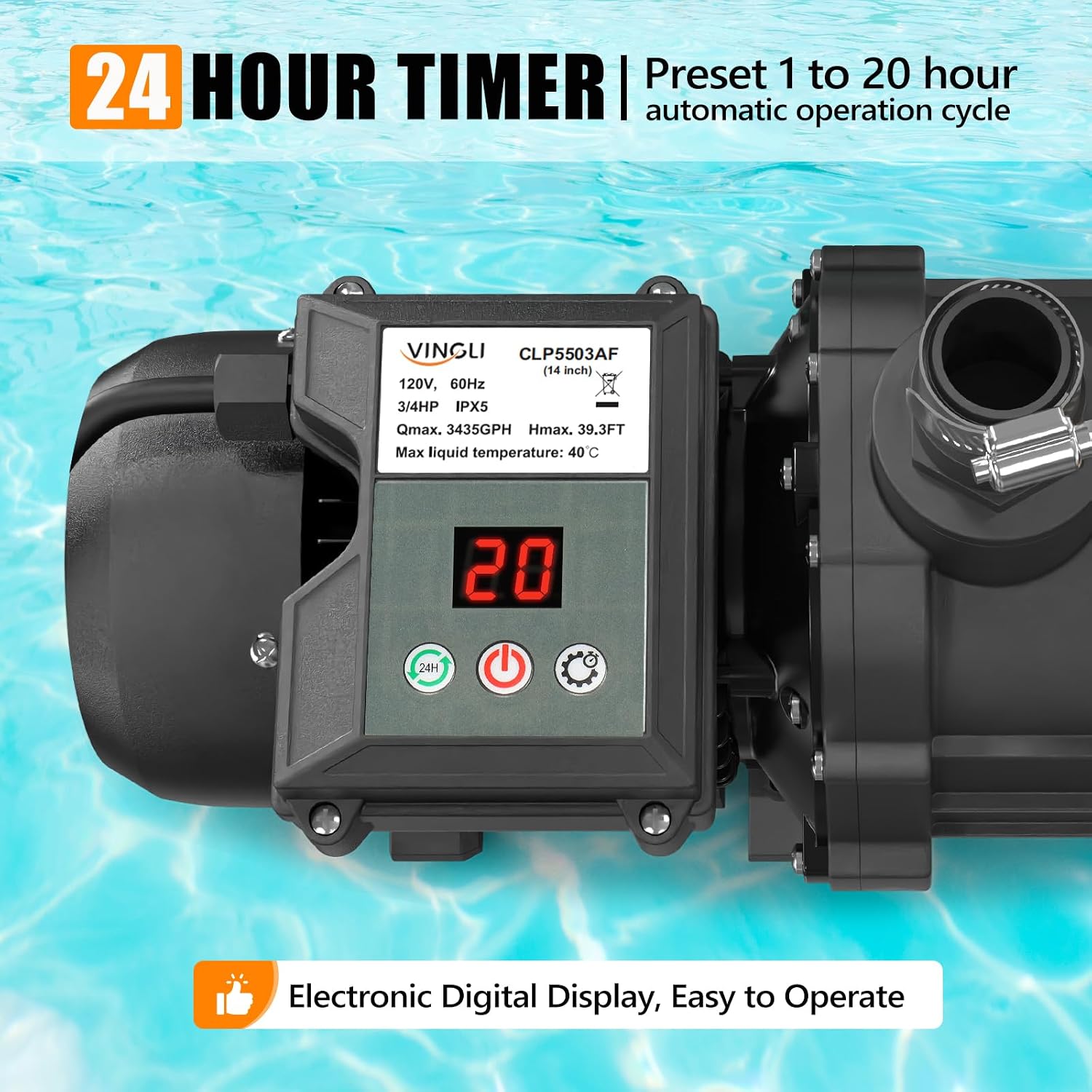 (24H Timer) VINGLI 16 in Sand Filter Pump with 24-Hour Timer, 3435 GPH 3/4 HP High Flow Pool Filter Pump with 7-Way Valve for Above Ground Swimming Pools Up to 15000 Gallons