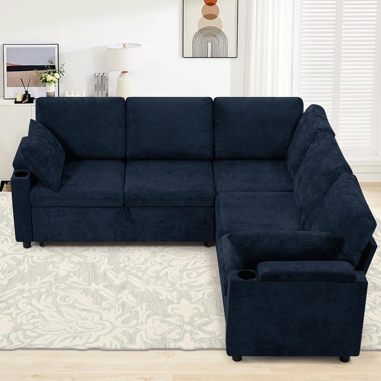 85' Chenille Reversible Sectional Sofa w/Pull-Out Bed, Upholstery L-Shaped Couch w/Storage Armrests & Cup Holders, Modern Corner Sofa w/USB Charging Port & Throw Pillow for Living Room, Blue