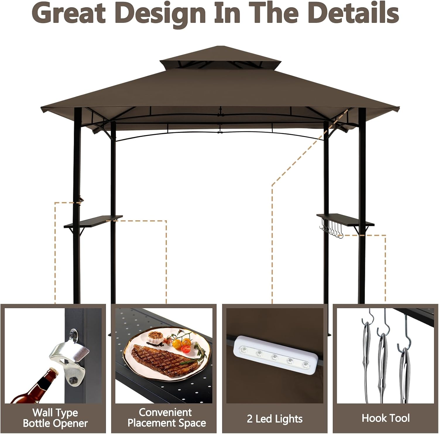 8x5 Grill Gazebo, Outdoor BBQ Grill Patio Canopy with 2 Handy Shelves & LED Lights, Double Roof Barbecue Gazebo Canopy (Brown)