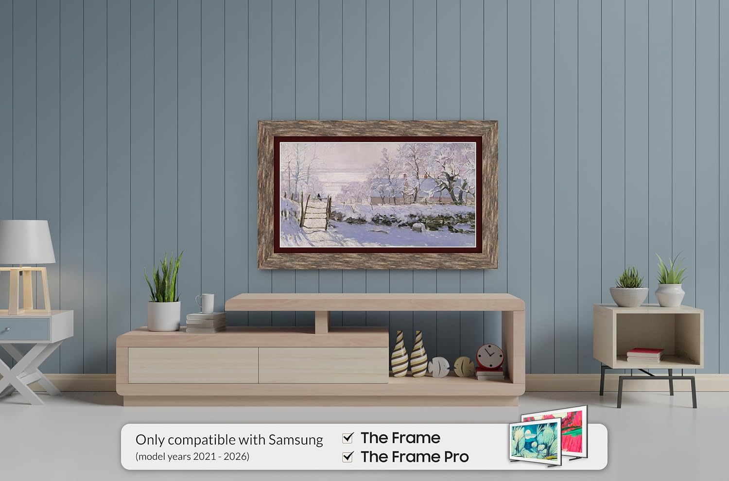 Distressed Barnwood 85' Premiere Deco TV Frame - Compatible ONLY with Samsung The Frame TV and Pro TVs (Fits 2021-2026, LS03A, LS03B,LS03C,LS03D,LS03FA,LS03FW)
