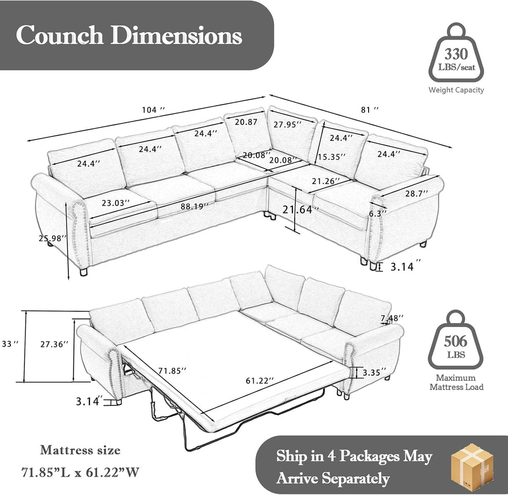 104'' Sleeper Sofa Bed Queen, L Shaped Sectional Sofa with Pull Out Couch Bed, Queen Size 6 Seater Couch with Memory Foam Mattress, Sectional Couches for Living Room Furniture Set, Beige