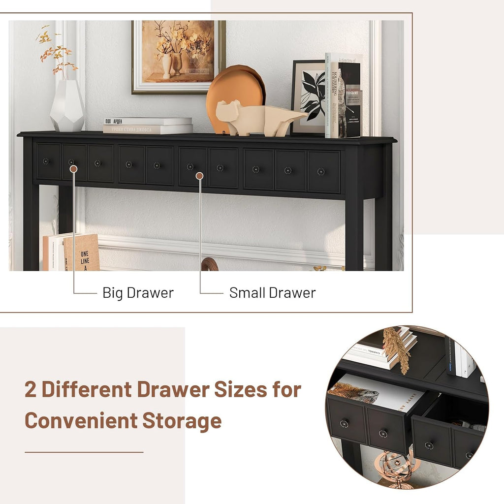 Giantex Narrow Console Table with Storage - 60' Long Sofa Side Table w/ 4 Drawers & Open Shelf, Solid Wood Legs, Rectangular Entry Table, Retro Entryway Table for Living Room Hallway, Foyer, Black