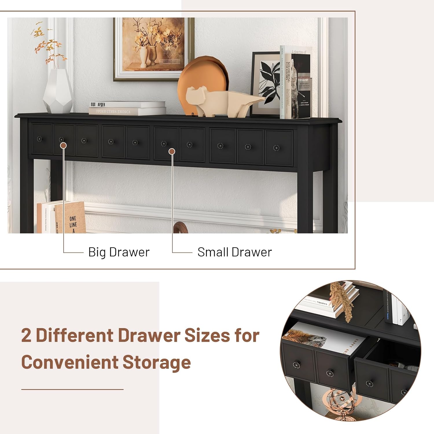 Giantex Narrow Console Table with Storage - 60' Long Sofa Side Table w/ 4 Drawers & Open Shelf, Solid Wood Legs, Rectangular Entry Table, Retro Entryway Table for Living Room Hallway, Foyer, Black