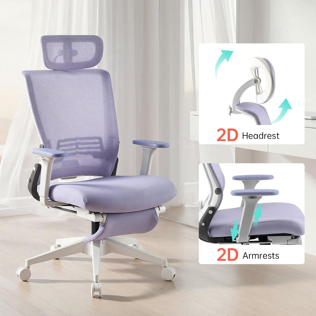 Foldable Office Chair with Foot Rest, Ergonomic Office Chair with Adjustable Lumbar Support, Headrest, Armrest, Home Office Desk Chair for Space Saving, Work from Home, Purple