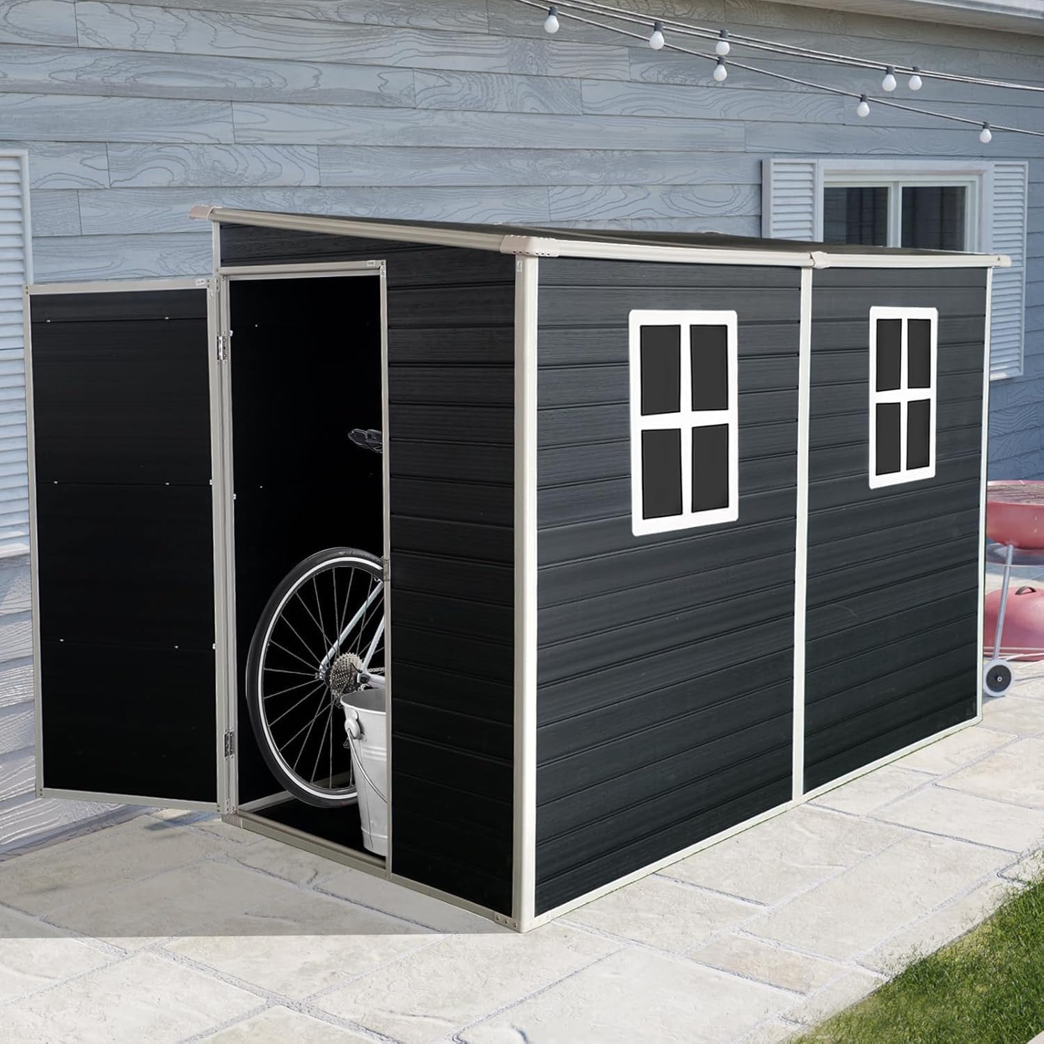 KUIKUI 8x4 FT Shed with Floor Included, Storage Sheds Plastic Sheds, Lean to Shedwith 2 Windows and Lockable Door, Backyard Storage Sheds for Garden Tools, Bike, Black