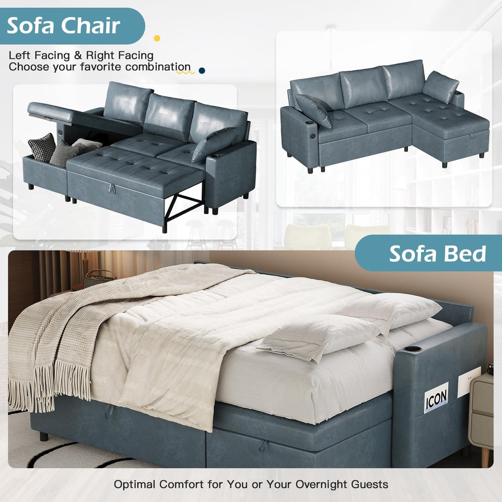 Esright Leather Sleeper Sofa, Pull Out Couch with Reversible Chaise, Suede Leather Sleeper Sofa with Storage, USB, Cup Holder, Pullout Sectional Couches for Living Room Apartment, Blue | Sofa with Storage, Reversible Chaise, USB Port
