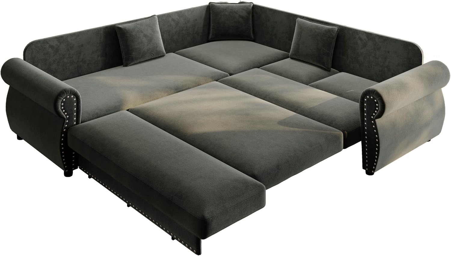 88.2'' Pull Out Couch Bed King, L Shaped Convertible Sleeper Sofa, 4-Seater Couches with Rivet Armrests, 3 Pillows, Chenille Upholstery, Futon Sofa Bed for Living Room, Apartment, Dark Grey