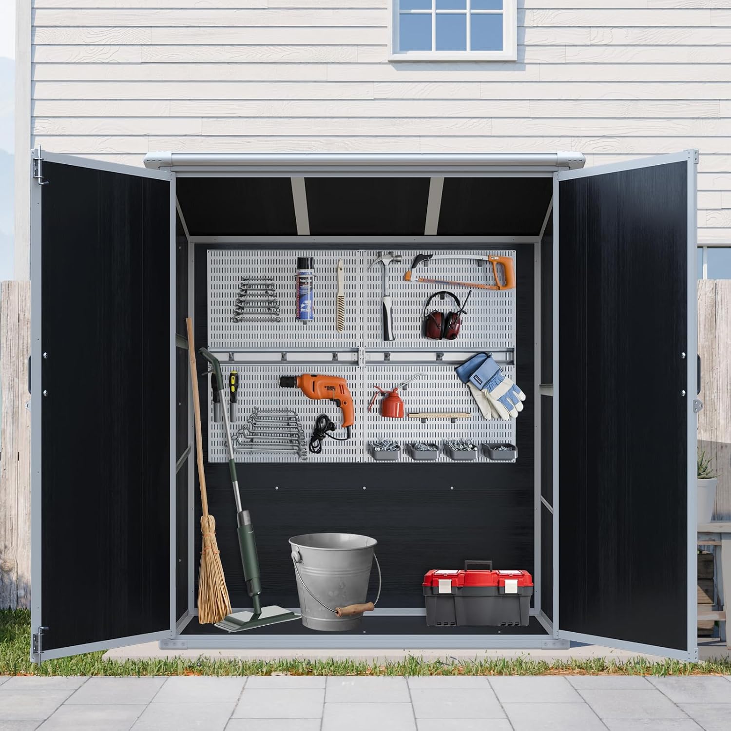 5x3 Resin Outdoor Storage Shed with Floor, Vertical Plastic Storage Cabinet with Lockable Doors, All-Weather Garden Tool Shed for Bikes and Patio Furniture (Black)