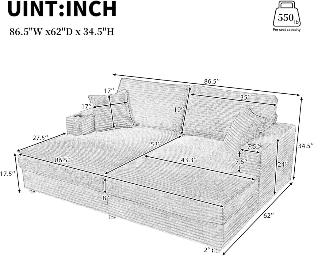 Merax 86.5' W*62' L Oversized Sleeper Sofa Bed, Corduroy Upholstery Sectional Couch Loveseat Chaise Lounge with 2 Throw Pillows, USB Ports, Cup Holders for Living Room and Bedroom, Blue