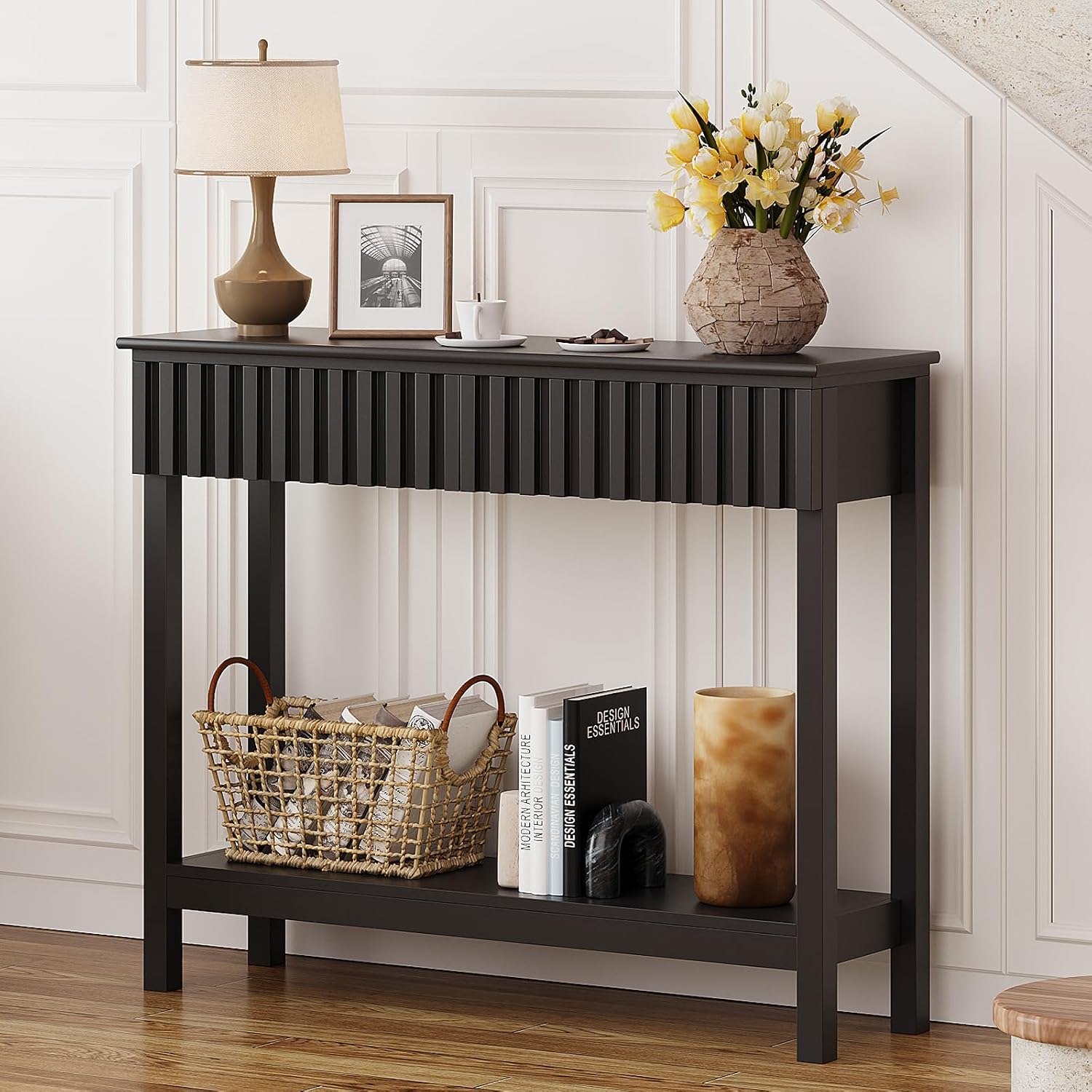 Trironsun Fluted Console Table with 2 Drawers Narrow Sofa Table with Open Storage Shelf Modern Behind Couch Tables Long Entryway Table for Foyer Hallway