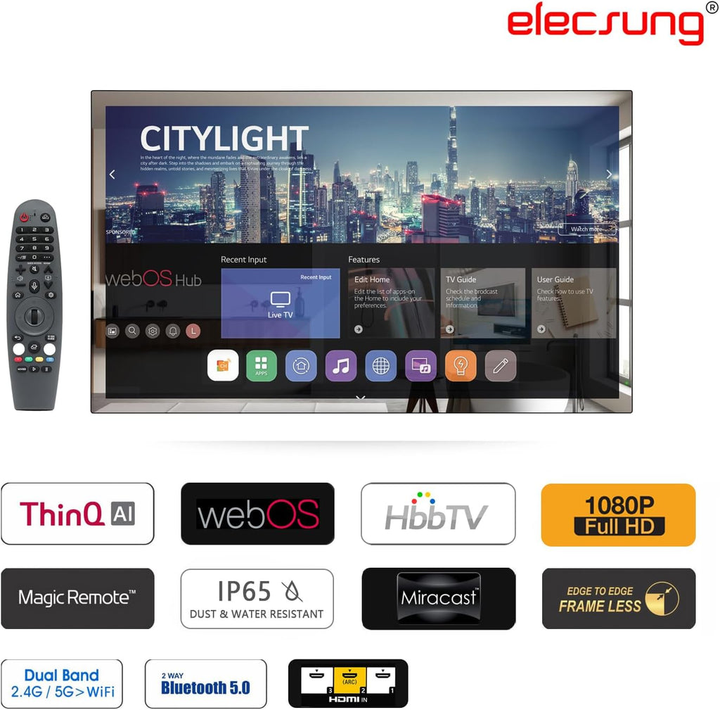 32' 4K UHD Smart Mirror TV – IP65 Waterproof for Bathroom/Hotel, ATSC Tuner, Built-in Voice Assistant, Wi-Fi, Integrated Speakers, 320A023, 2026 Model