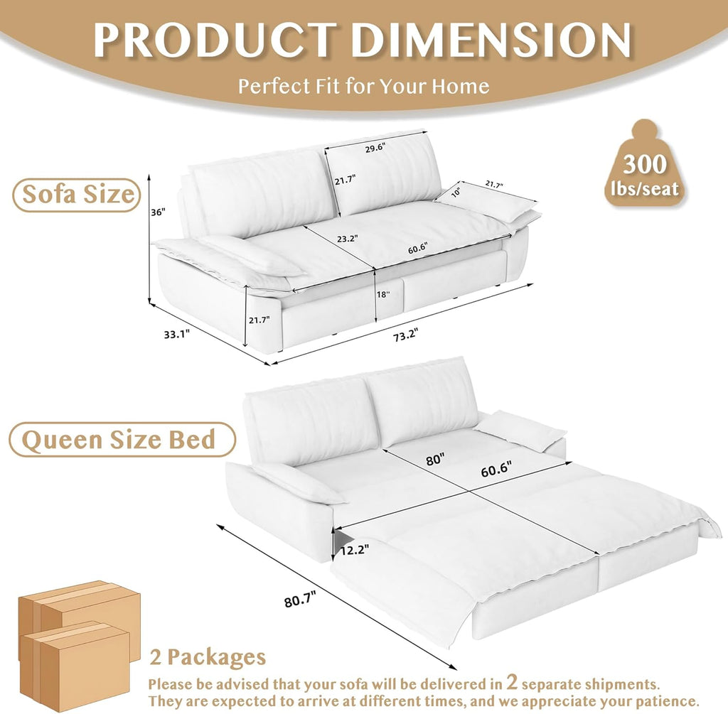 73.2' Sleeper Sofa Bed Queen, 3-in-1 Convertible Couch, Modern Pull Out Couches, Comfy Velvet Futon Sofa, Cloud Loveseat Lounge, Pillow Arm, for Small Spaces, Apartment, Living Room, Black