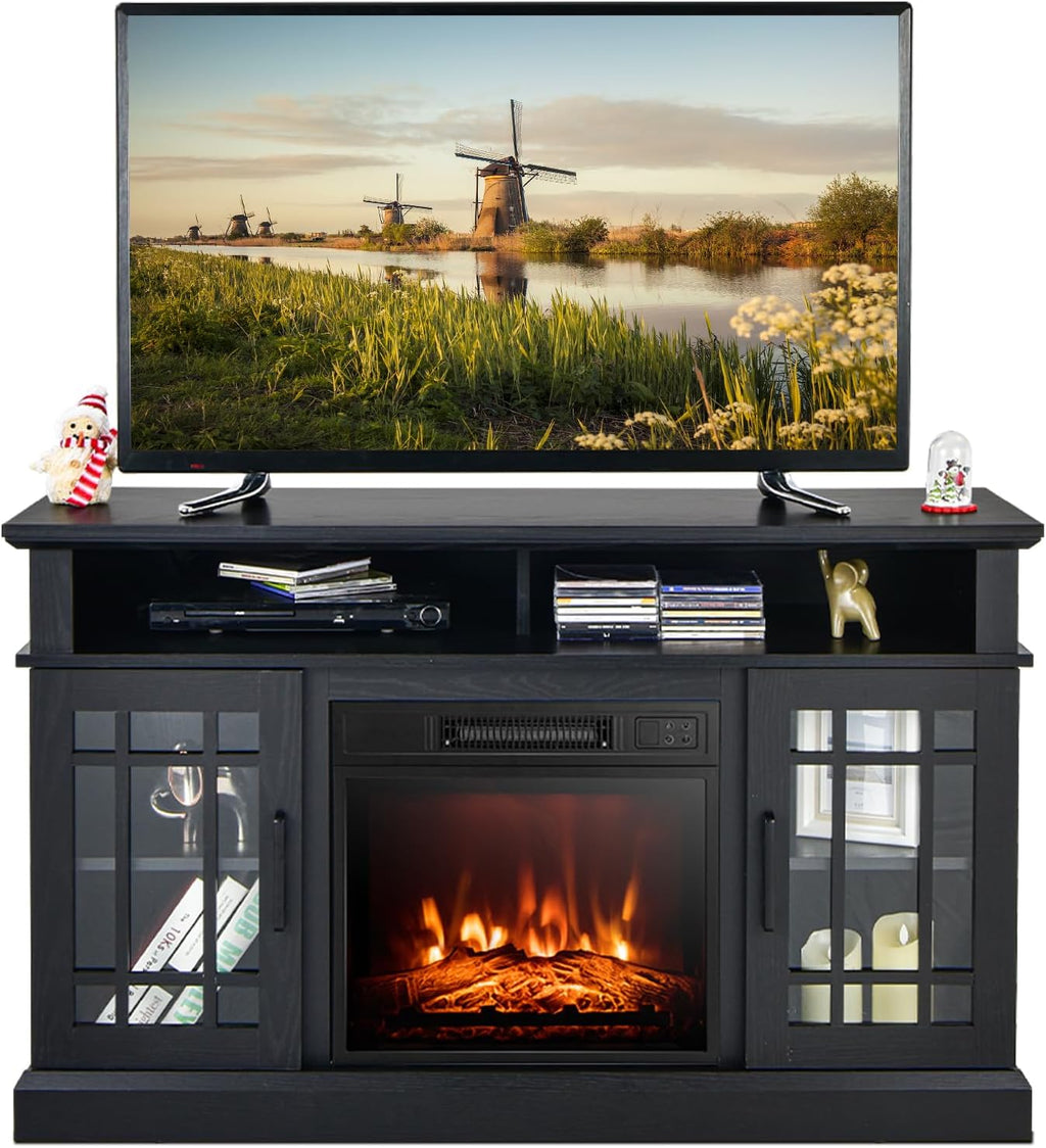 COSTWAY Electric Fireplace TV Stand for TVs Up to 55 Inches, 18-Inch Fireplace Insert with Remote, Overheat Protection, 48-Inch Wooden Media Entertainment Center with Adjustable Shelves, Black