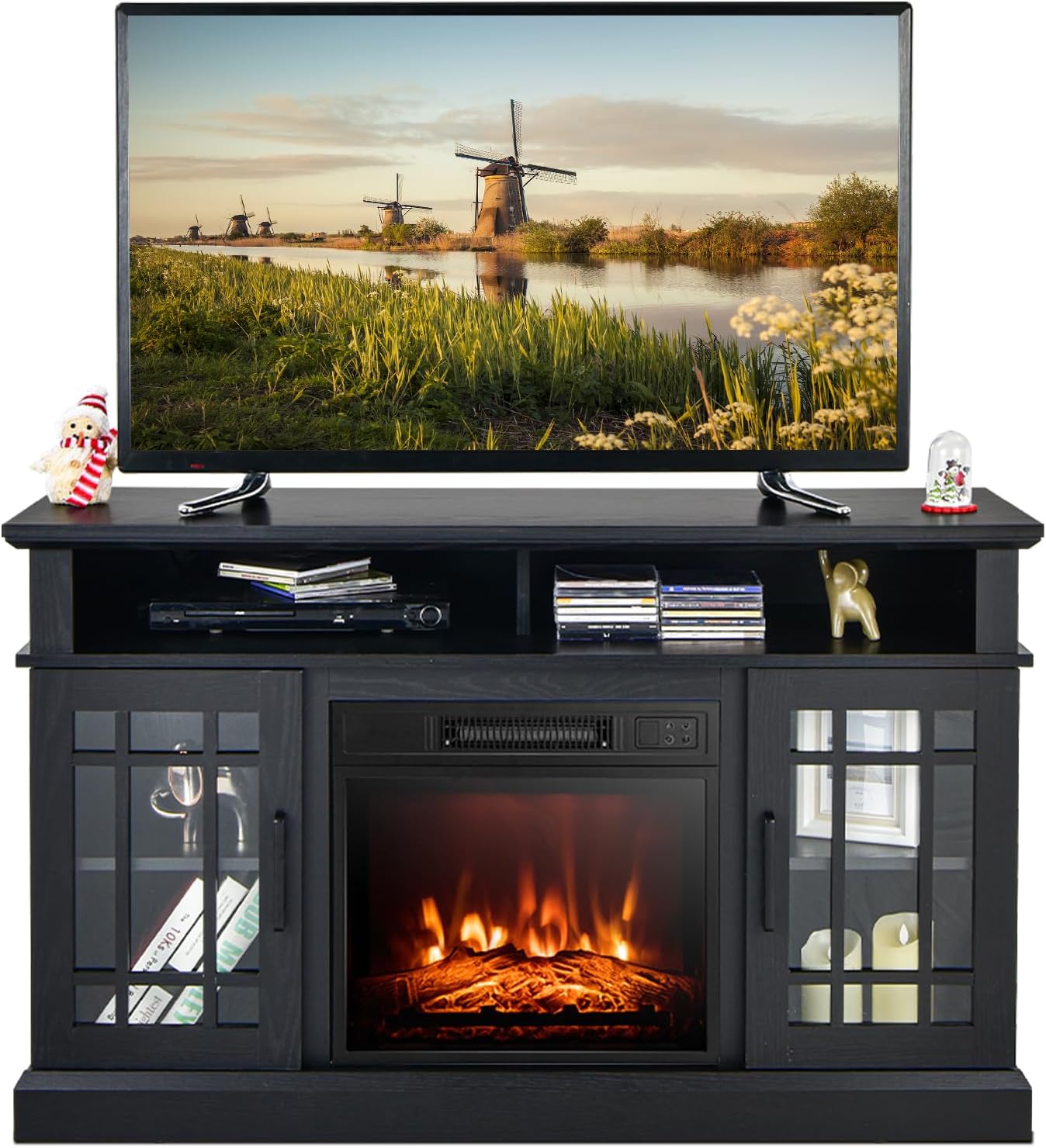 COSTWAY Electric Fireplace TV Stand for TVs Up to 55 Inches, 18-Inch Fireplace Insert with Remote, Overheat Protection, 48-Inch Wooden Media Entertainment Center with Adjustable Shelves, Black