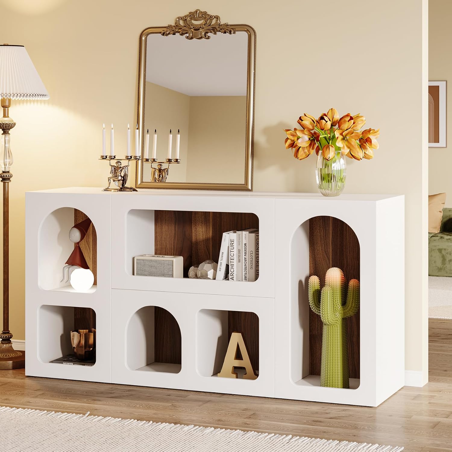 Tribesigns 59' White Console Table, Modern Entryway Table, Wooden Storage Organizer Entrance Table with 6 Compartments, Long Sofa Table, Behind Couch Table with Storage for Living Room, Hallway, Foyer