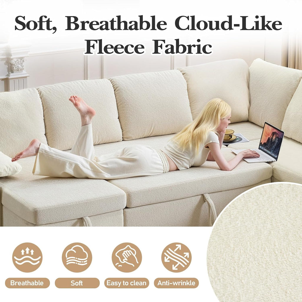 VINGLI Convertible Sofa Bed, U-Shape Sectional Couches for Living Room Sleeper Sofa with Pull Out Couch Bed Cloud-Like Plush Fleece Sofa Couch with Storage Chaise, USB Charging, Side Pockets