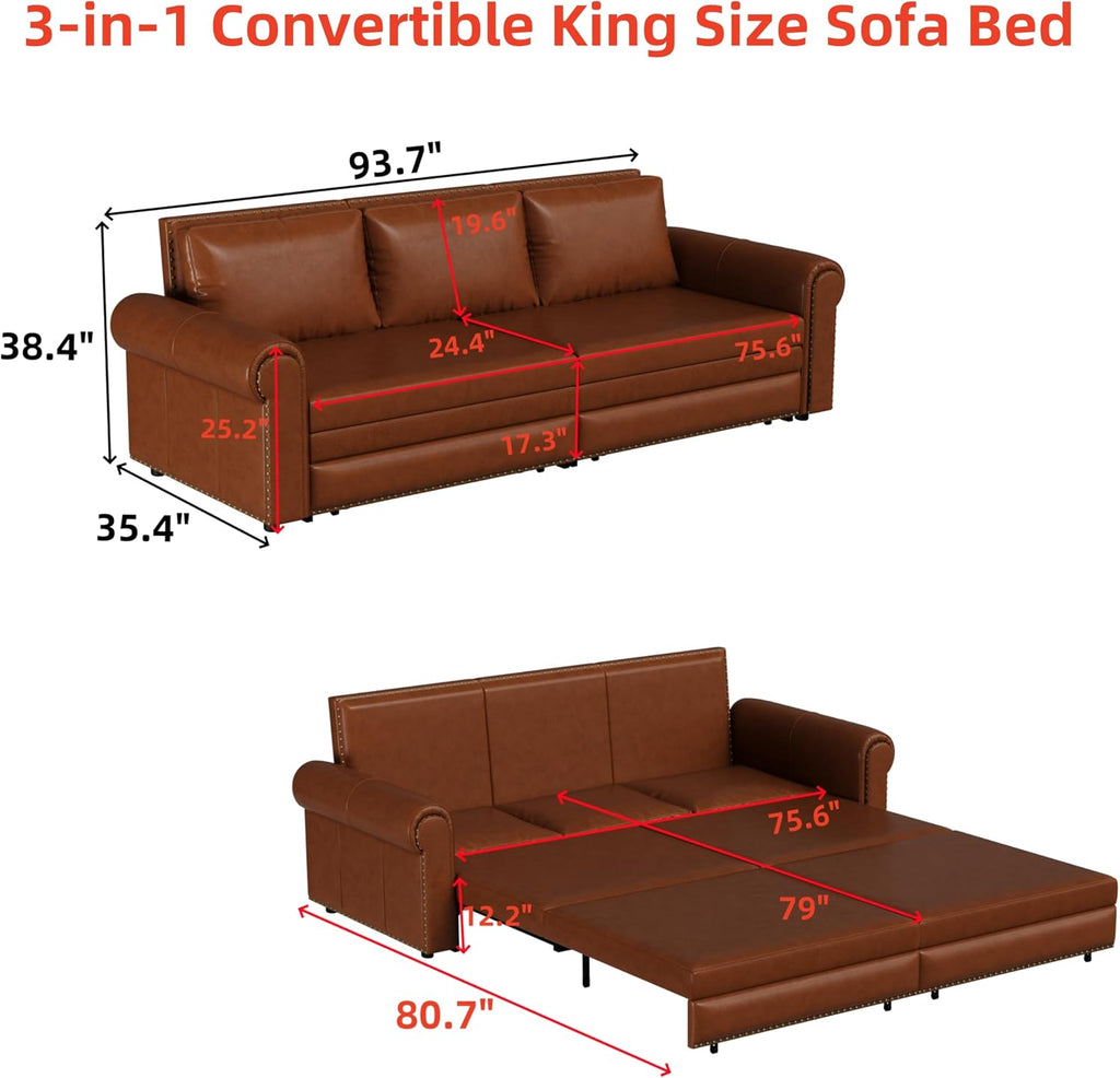 93.7' King Size Sofa Bed Couch,PU Leather 3-in-1 Convertible Pull Out Sleeper Sofa Bed,Chesterfield Sofa with Nailhead Trim and Rolled Arm,Light Brown