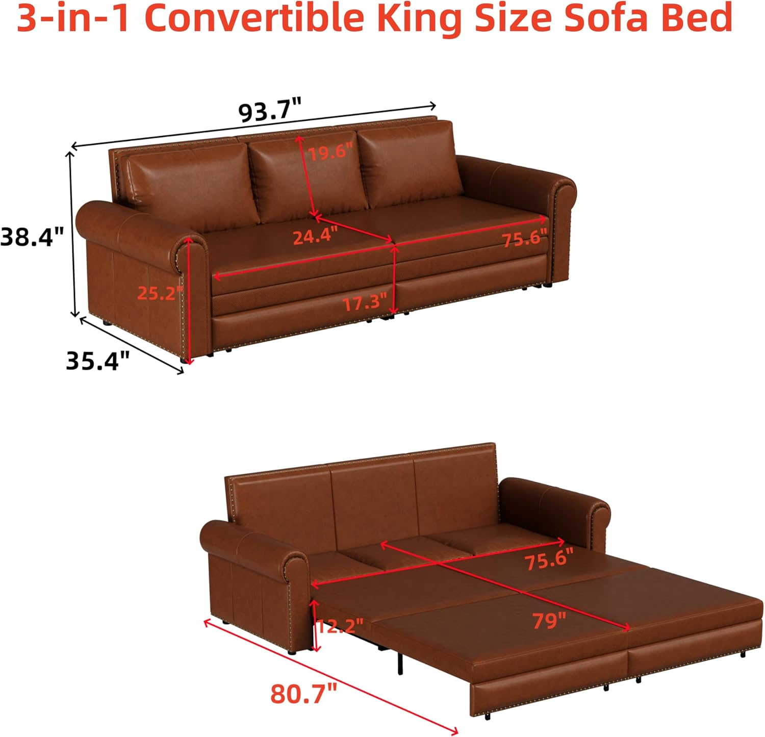 93.7' King Size Sofa Bed Couch,PU Leather 3-in-1 Convertible Pull Out Sleeper Sofa Bed,Chesterfield Sofa with Nailhead Trim and Rolled Arm,Light Brown
