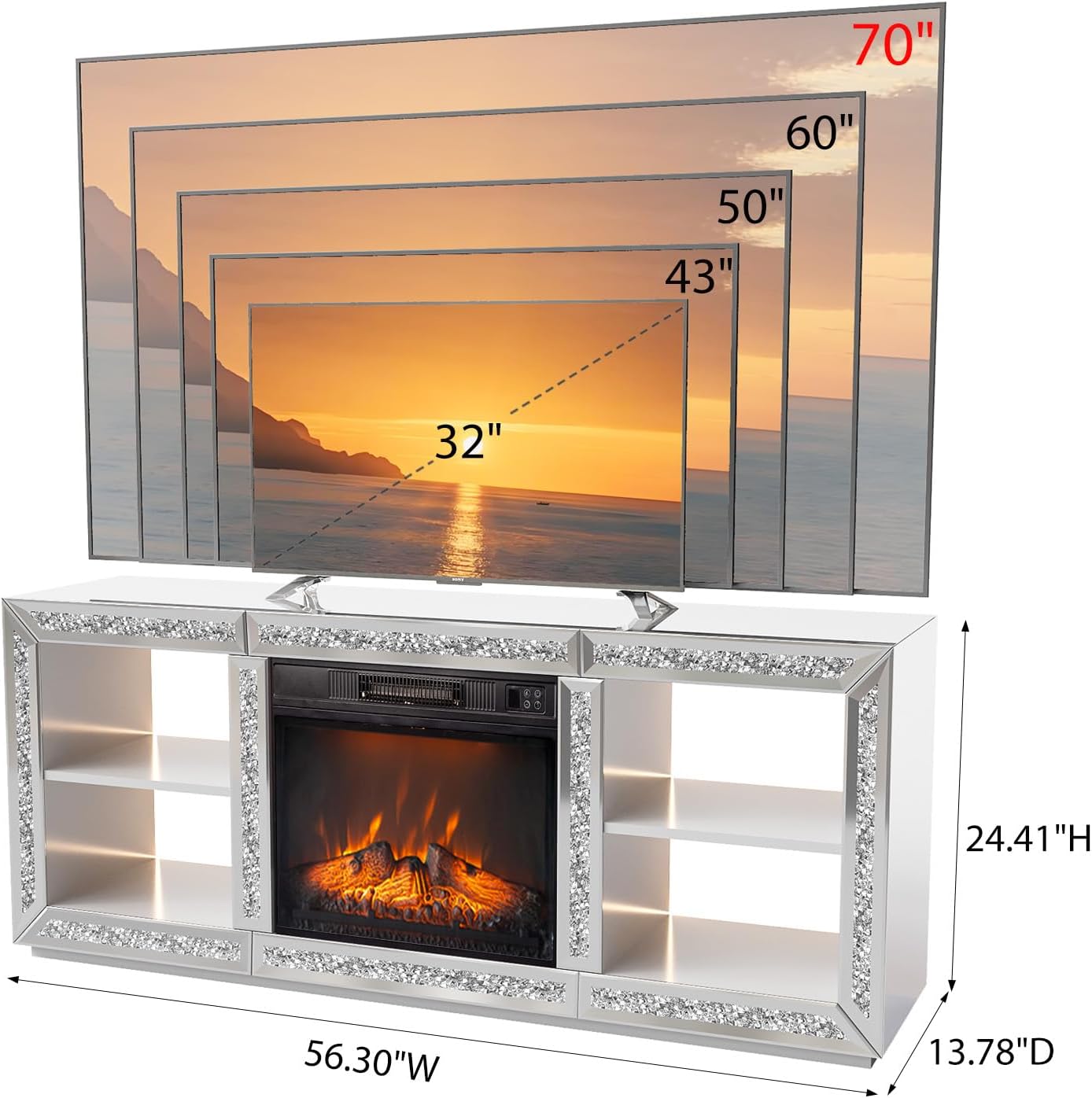 Bonnlo Mirrored Fireplace TV Stand for 70' TV, Diamond Entertainment Center with Shelves & 20 Color LED Lights, Modern Electric Fireplace TV Stand for Living Room/Bedroom (Assembled)