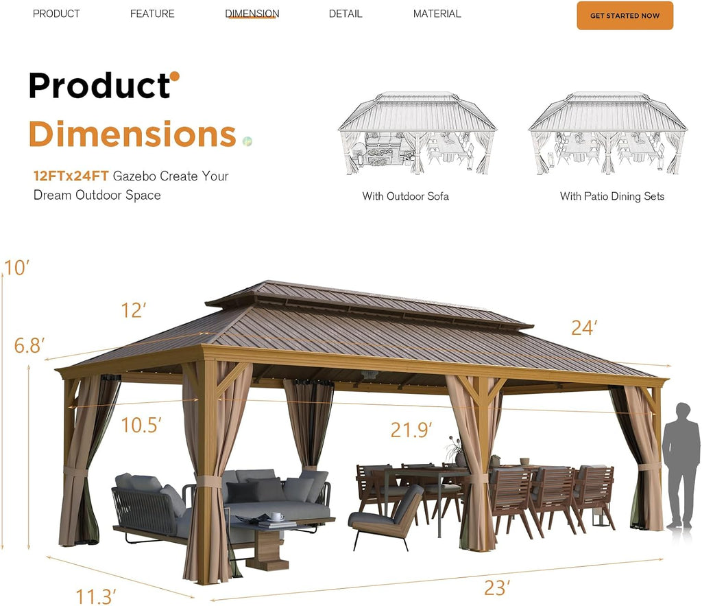 YOLENY 12' x 24' Gazebo, Wood Grain Aluminum Frame Pergola with Double Galvanized Steel Roof, Outdoor Permanent Metal Pavilion with Curtains and Nettings for Patio, Backyard and Deck