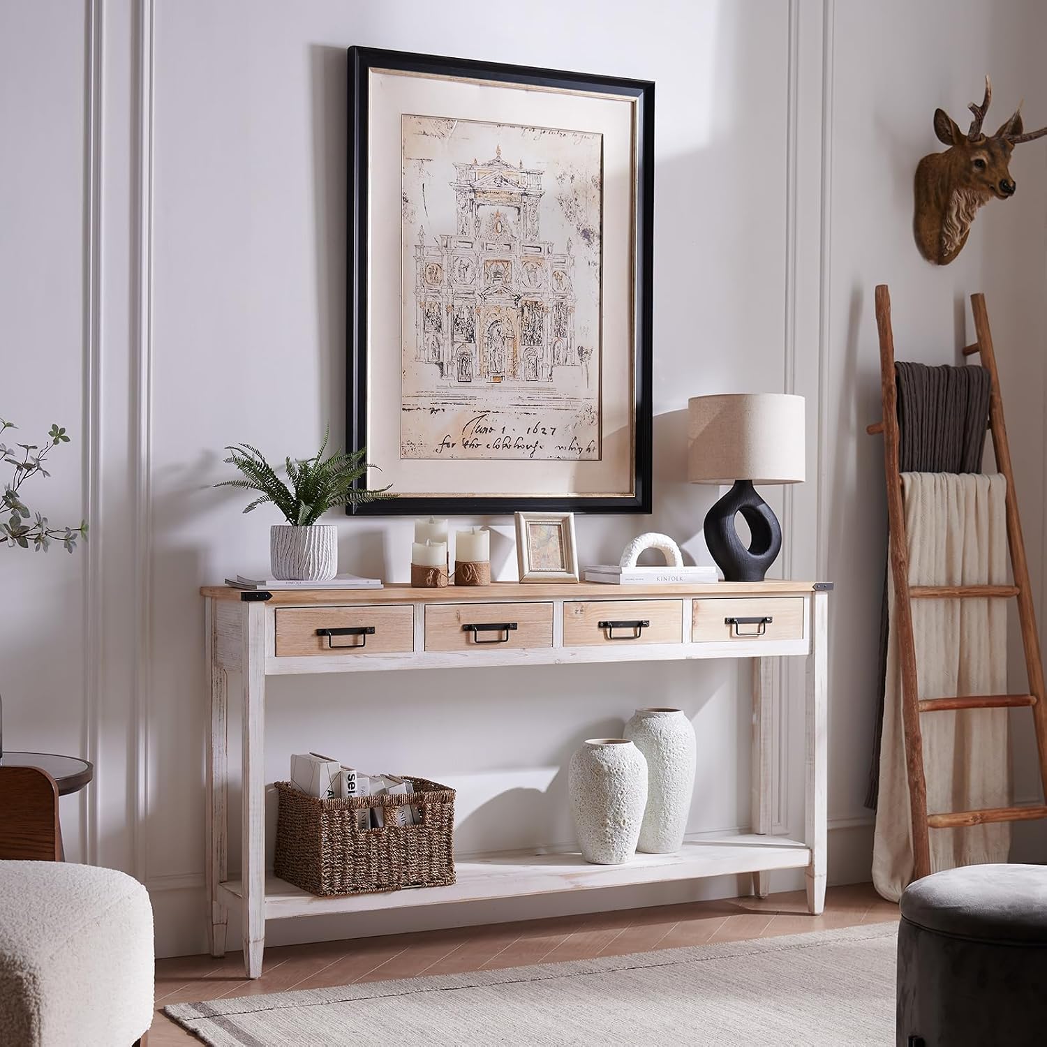 RUSTOWN Farmhouse Console Table with 4 Drawer, 60' Long Rustic Entryway Table with Open Storage Shelves and Handmade Metal Handle, Narrow Foyer Sofa Table for Living Room, Entryway, Hallway(White)