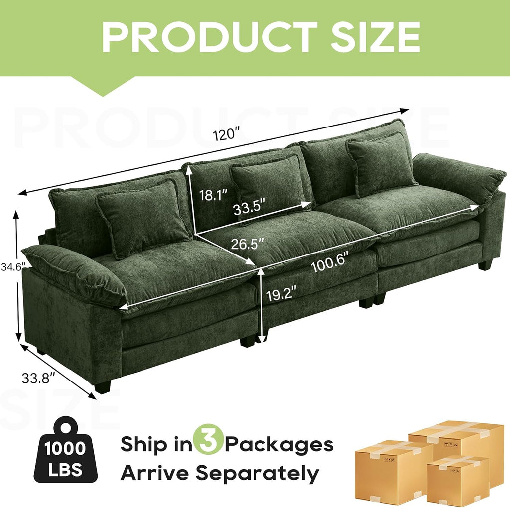 Oprisen 120' Modular Sectional Sofa, Comfy Cloud Couch Sectional, Chenille Sofa Sleeper Deep Seat Sofa with Throw Pillows for Living Room (Green, 120'- 3 Seater)