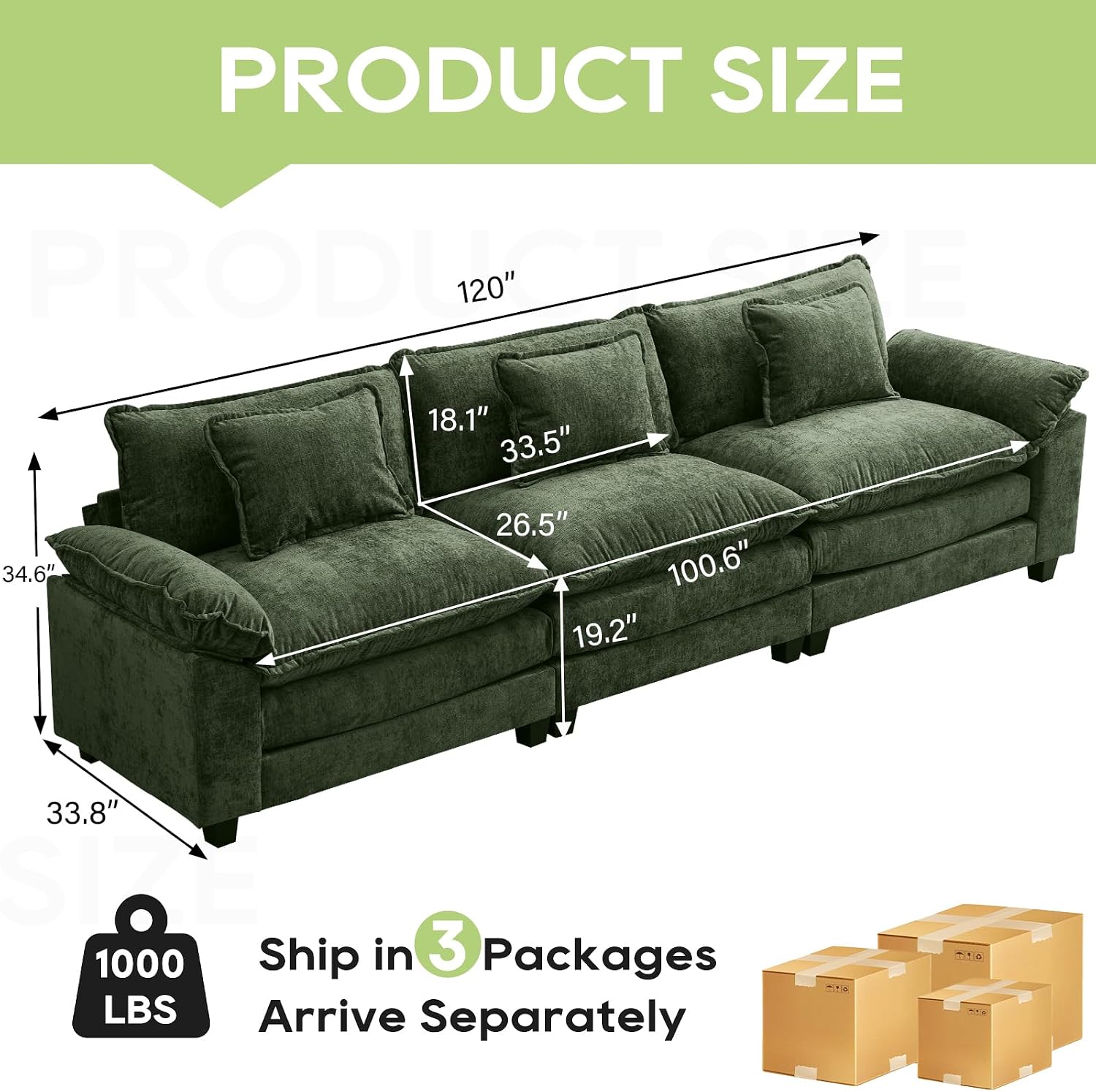 Oprisen 120' Modular Sectional Sofa, Comfy Cloud Couch Sectional, Chenille Sofa Sleeper Deep Seat Sofa with Throw Pillows for Living Room (Green, 120'- 3 Seater)