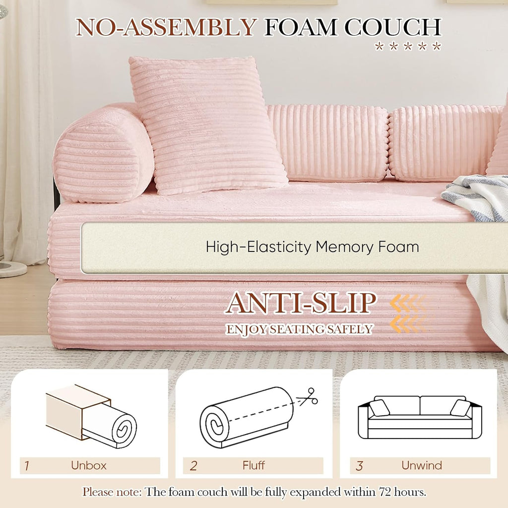 Modular Couch Bed, Convertible Folding Plush Corduroy Comfy Floor Memory Foam Compression Loveseat Sleeper Sofa Couch, King Size Bed for Guest Room Living Room Bedroom, No Assembly Required, Pink
