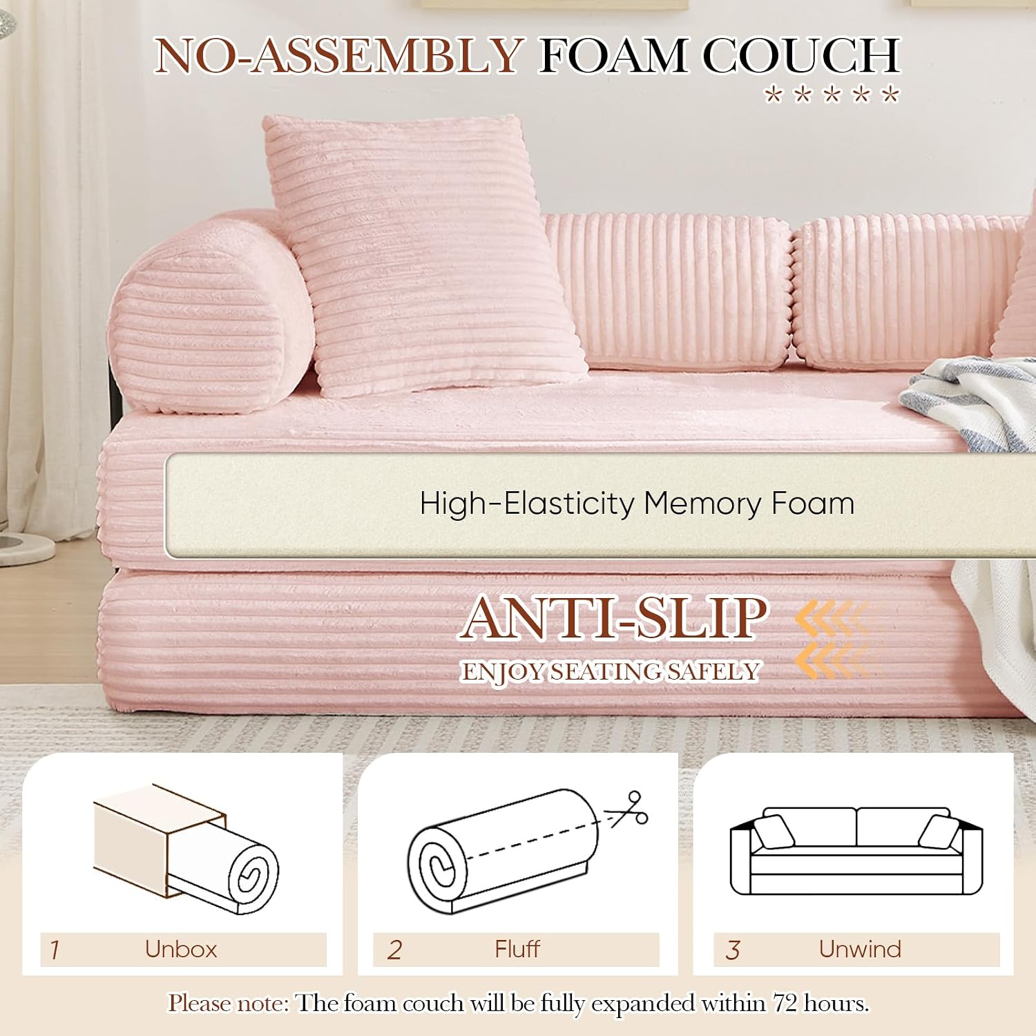 Modular Couch Bed, Convertible Folding Plush Corduroy Comfy Floor Memory Foam Compression Loveseat Sleeper Sofa Couch, King Size Bed for Guest Room Living Room Bedroom, No Assembly Required, Pink