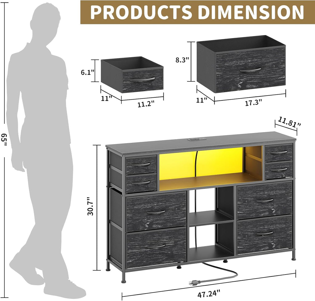 TV Stand Dresser Drawer for Bedroom - TV Stands for 45, 50, 55 inch TV - Entertainment Center Dressers with Charging Station, Drawers Dresser with Storage for Living Room, Nursery, Entryway - Black