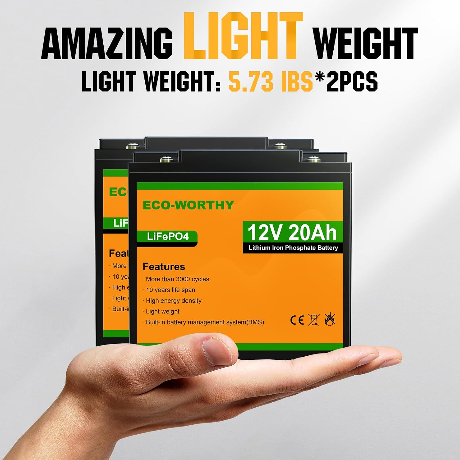 ECO-WORTHY 2 Pack 12V 20Ah Lithium Battery, 3000+ Deep Cycle Rechargeable LiFePO4 Lithium Ion Phosphate Battery with BMS for Fish Finder, Outdoor Camping and Ham Radio