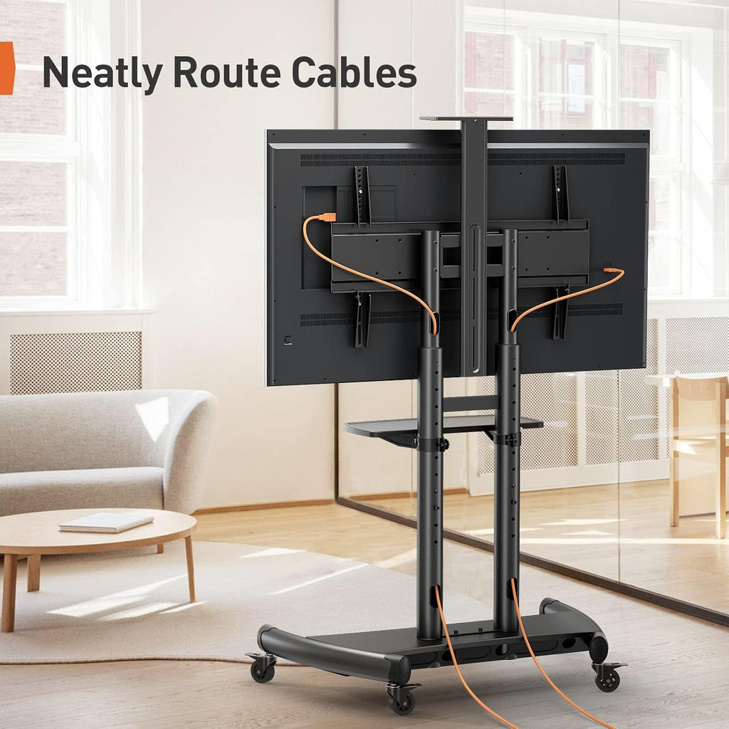 Perlegear Rolling TV Stand, Portable TV Stand on Wheels for 55-90 Inch Screens up to 200 lbs, Adjustable Mobile TV Cart with AV Shelf & Camera Shelf, Outdoor Tv Stand Max VESA 800x500mm, PGTVMC07
