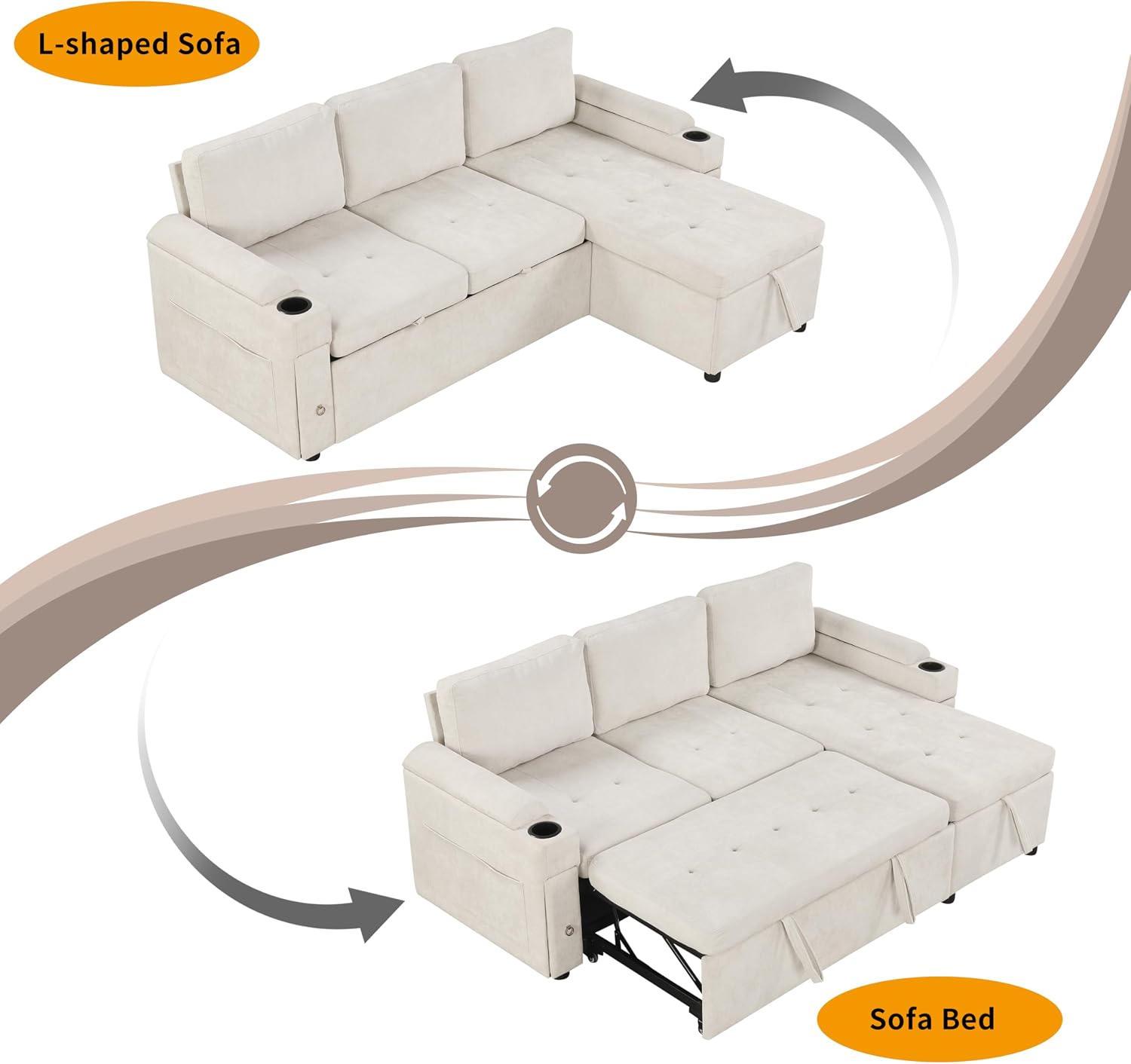 Merax Modern 83.5' L-Shaped Sectional Sofa with Pull-Out Sleeper Bed, USB Ports & Cup Holders, Chenille 3-Seat Couch with Storage Chaise Lounge, Side Pocket & Drawers for Living Room, Beige
