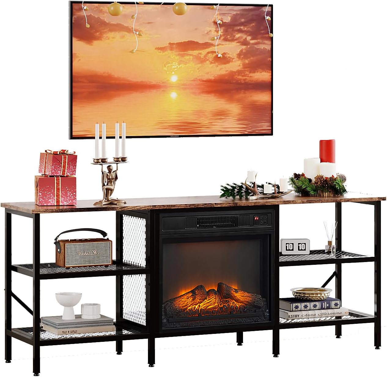 Bonnlo 58' Fireplace TV Stand, Rustic Brown Industrial Entertainment Center with Electric Fireplace, Open Metal Mesh Shelves, TV Stand for 65–70 Inch TVs