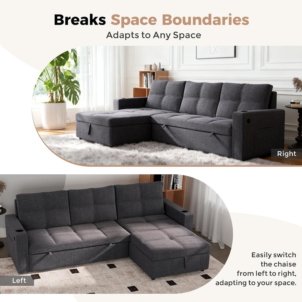 85 inch Sleeper Sofa Couch Bed with Storage Chaise,Pull Out Couch with USB Charging,Side Pockets,Convertible Sectional Sofa for Living Room,Apartment,Small Spaces,Dark Grey