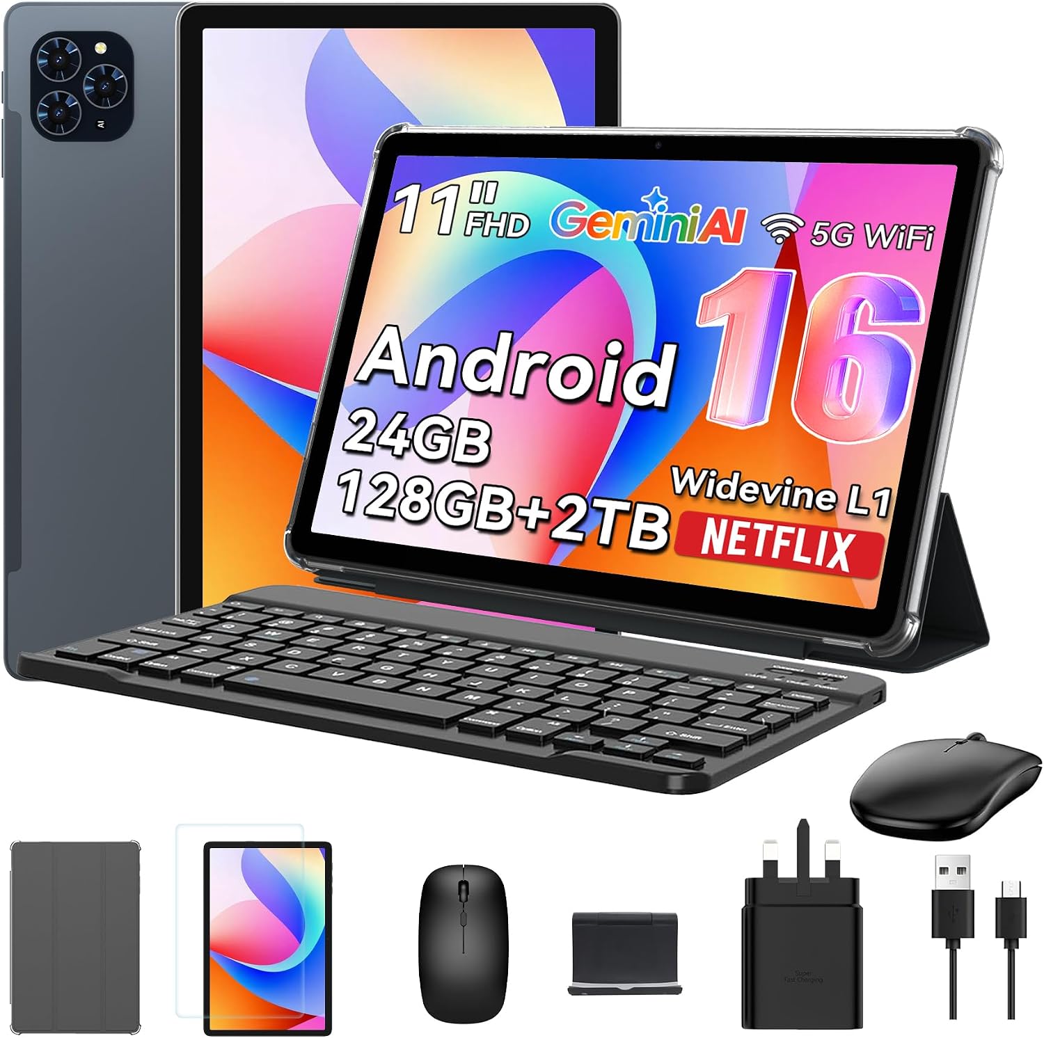The World's First Android 16 Tablet,11 Inch Tablet with Pen and Keyboard Kits,Gemeni AI Android Tablets,24GB RAM 128GB ROM /2TB TF,T7250 CPU, 8000mAh Fast Charging, Widevine L1-4 Year Warranty