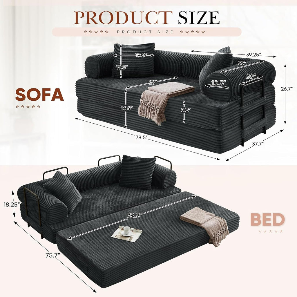 Antetek Modular Couch Bed, Convertible Folding Plush Corduroy Comfy Floor Compression Loveseat Sleeper Sofa Couch, King Size Bed for Guest Room Living Room Bedroom, No Assembly Required, Dark Grey