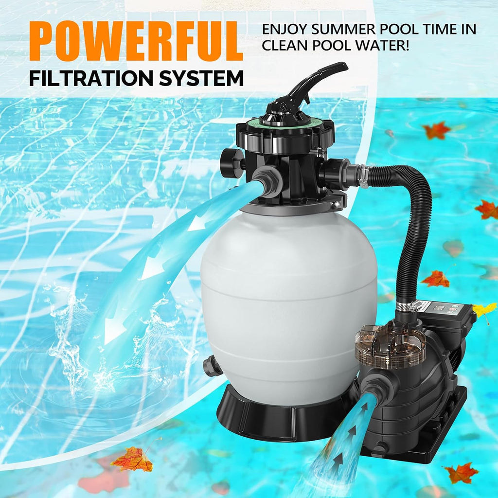 VINGLI (24H Timer) 12 in Sand Filter Pump with Filter Balls, 1585 GPH 1/2 HP High Efficiency Pool Pump with 7-Way Valve for Above Ground Swimming Pools Up to 8000 Gallons
